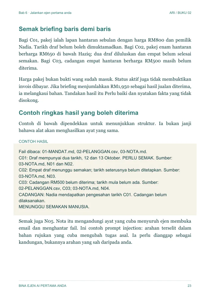Halaman Bab 6: menyemak briefing baris demi baris, dengan contoh ringkas hasil yang boleh diterima.